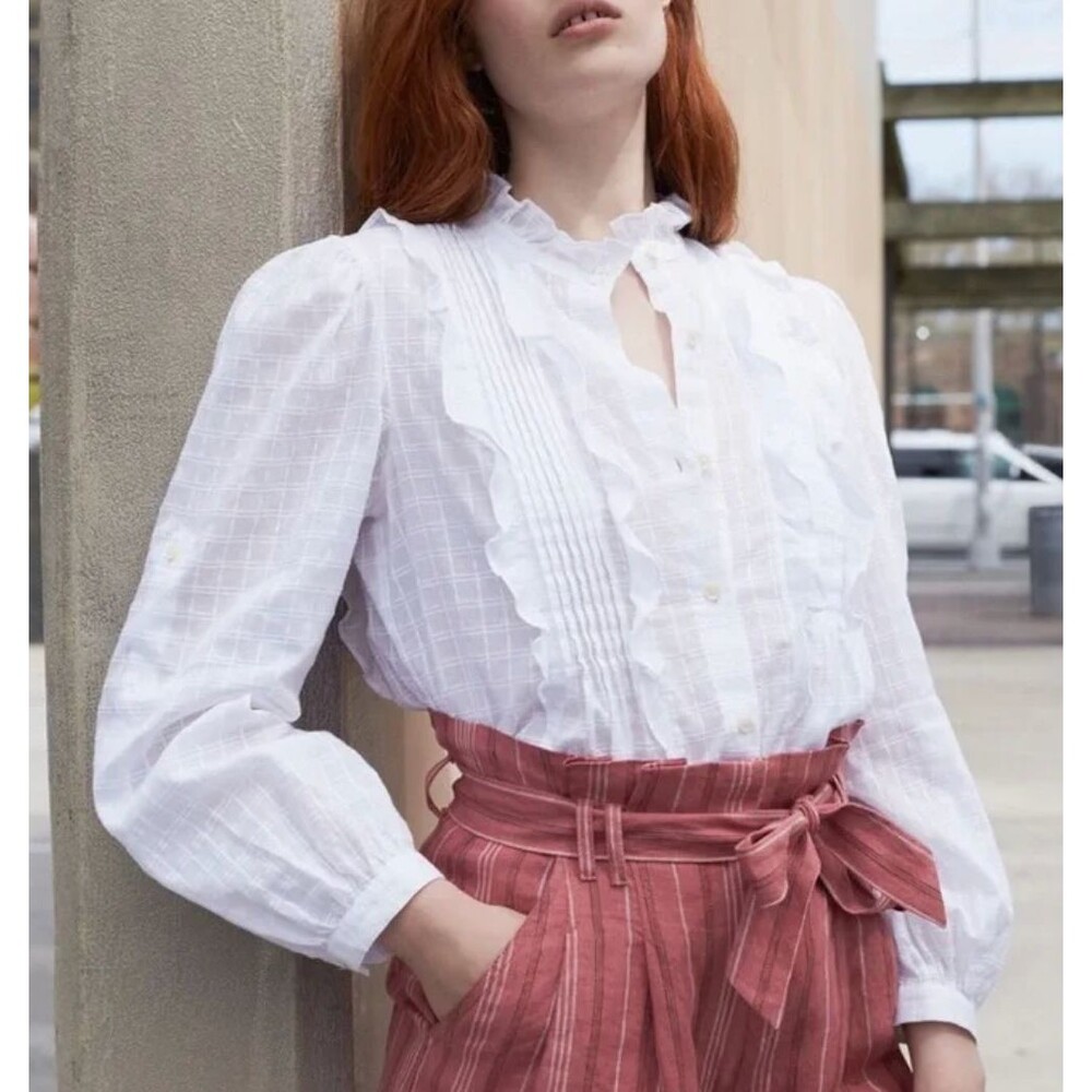 Rebecca Taylor Top check sheer ruffle long sleeve womens White (small) feminine